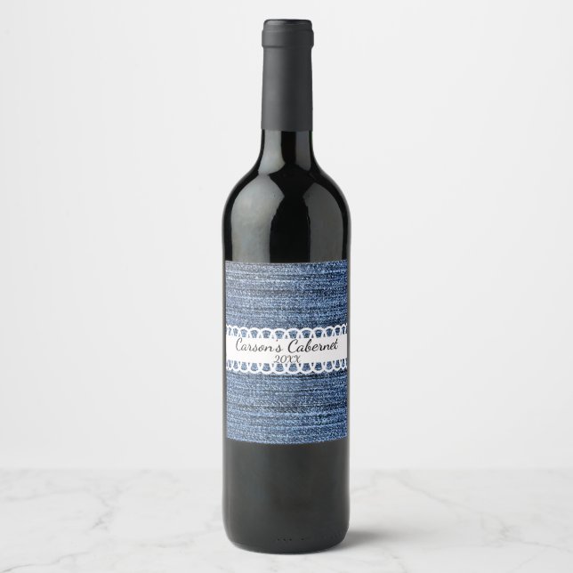 Denim and Ribbon Design Wine Label (Front)