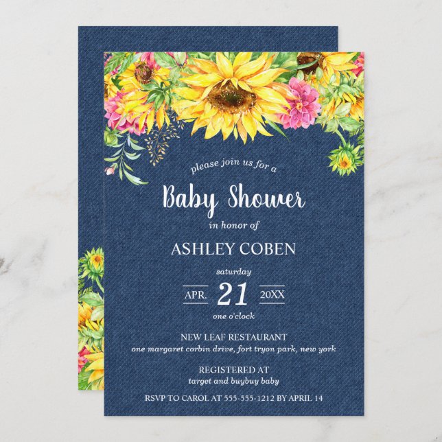 Denim Baby Shower Invitation with Sunflowers (Front/Back)