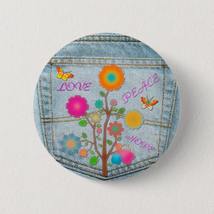 Denim Back Pocket Flowers Peace Love Hope 6 Cm Round Badge