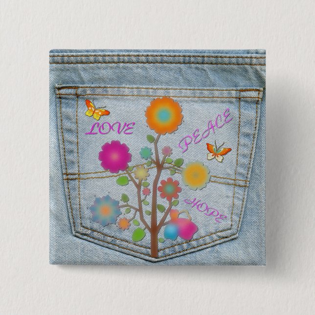 Denim Back Pocket Flowers Peace Love Hope Button (Front)