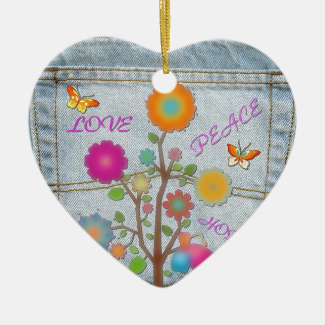 Denim Back Pocket Flowers Peace Love Hope Ceramic Tree Decoration (Front)