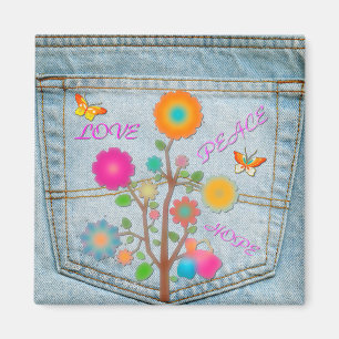 Denim Back Pocket Flowers Peace Love Hope Magnet