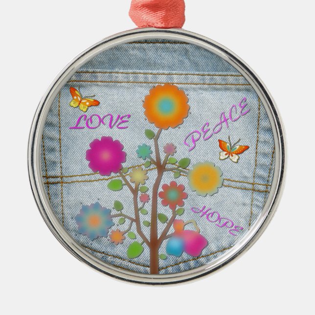 Denim Back Pocket Flowers Peace Love Hope Metal Ornament (Front)