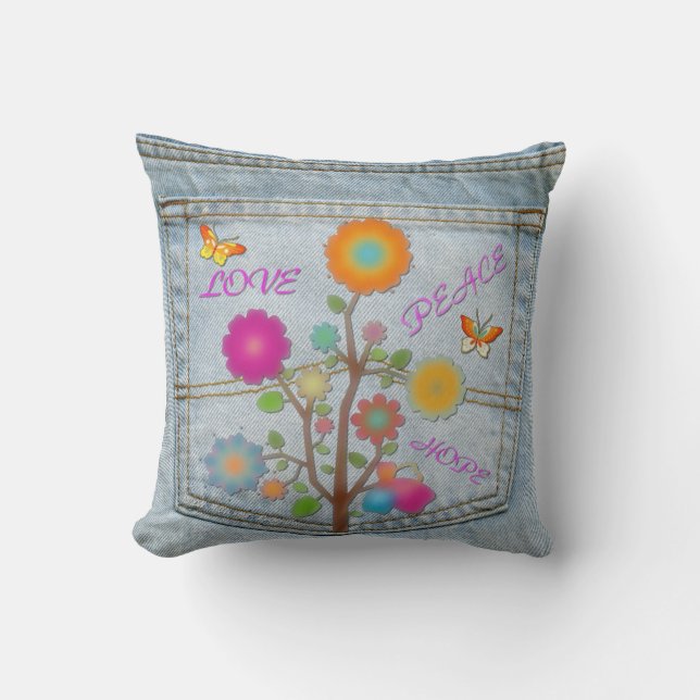 Denim Back Pocket Flowers Peace Love Hope Pillow (Front)