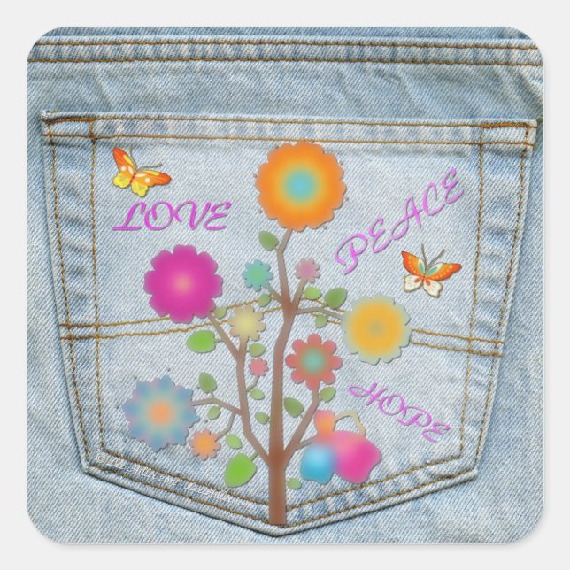 Denim Back Pocket Flowers Peace Love Hope Stickers (Front)