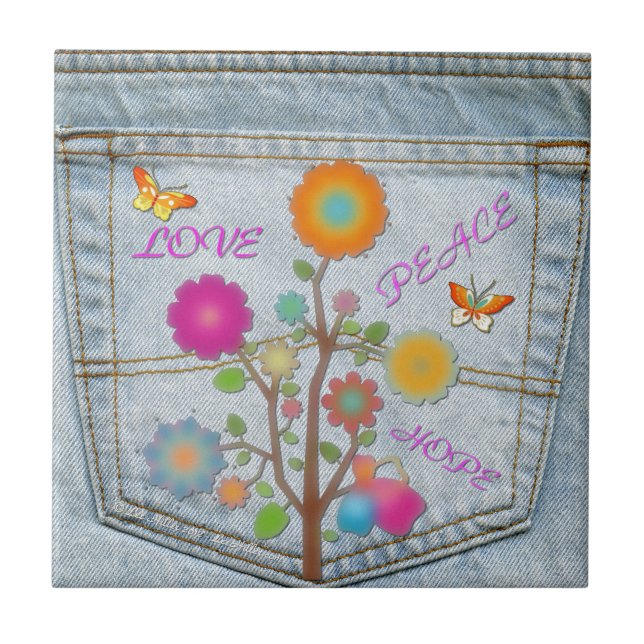 Denim Back Pocket Flowers Peace Love Hope Tile (Front)