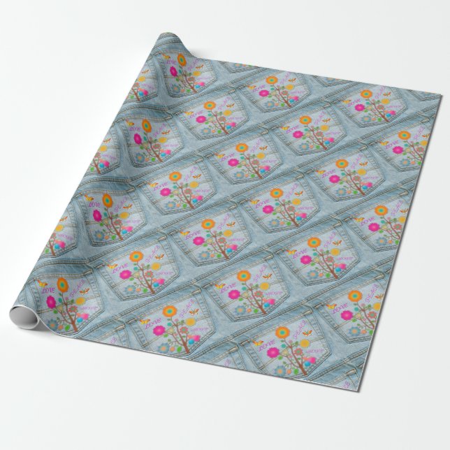 Denim Back Pocket Flowers Peace Love Hope Wrapping Paper (Unrolled)