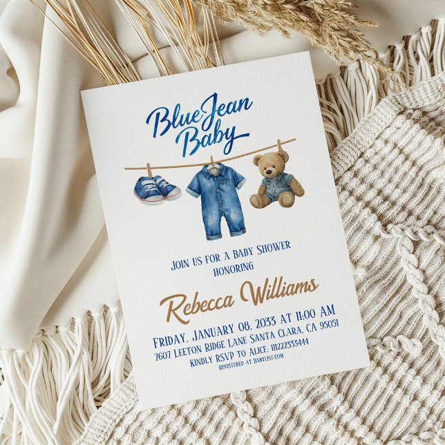 Denim Bear Clothesline Boy Blue Jean Baby Shower Invitation (Creator Uploaded)