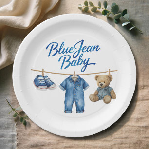 Denim Bear Clothesline Boy Blue Jean Baby Shower Paper Plate