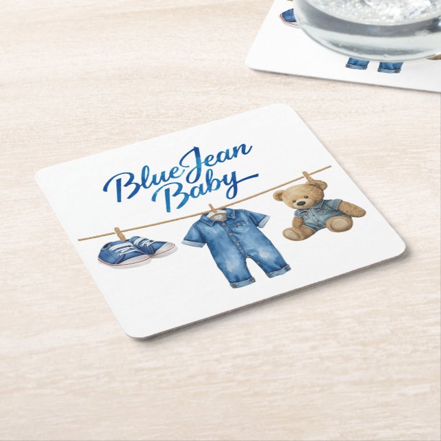 Denim Bear Clothesline Boy Blue Jean Baby Shower Square Paper Coaster (Angled)