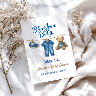 Denim Bear Clothesline Boy Blue Jean Baby Shower Thank You Card