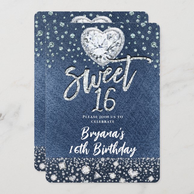Denim & Bling Diamonds Sweet 16 Birthday Party Invitation (Front/Back)