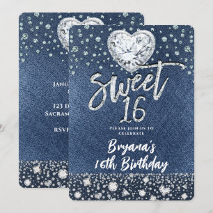 Denim & Bling Diamonds Sweet 16 Birthday Party Invitation