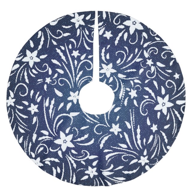 Denim Blooms: Floral Pattern Background Brushed Polyester Tree Skirt (Front)