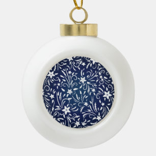 Denim Blooms: Floral Pattern Background Ceramic Ball Christmas Ornament