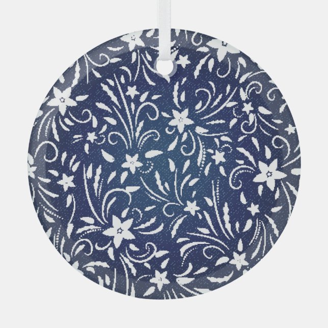 Denim Blooms: Floral Pattern Background Glass Tree Decoration (Front)