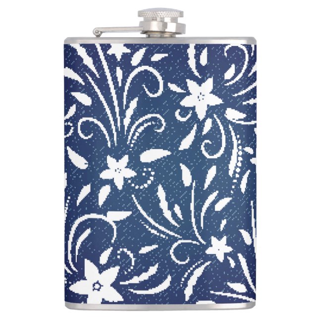 Denim Blooms: Floral Pattern Background Hip Flask (Front)