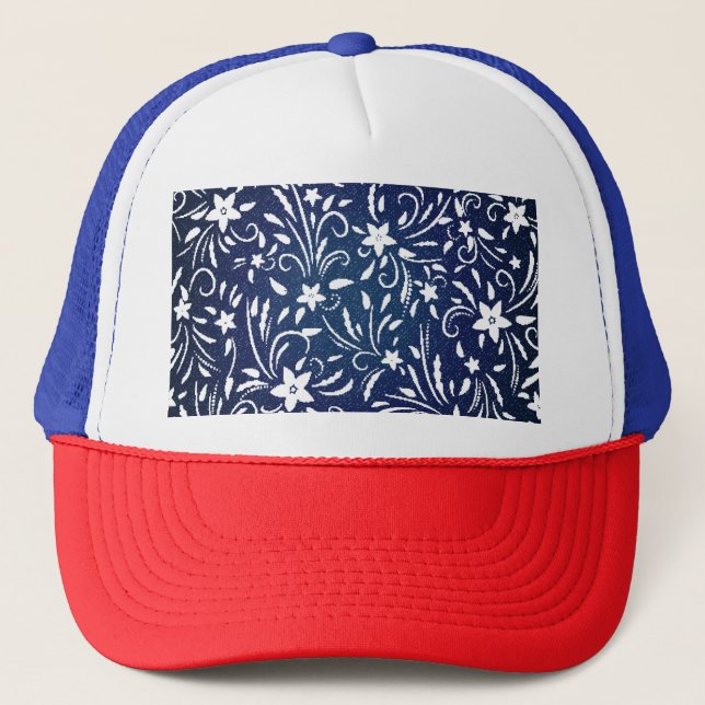 Denim Blooms: Floral Pattern Background Trucker Hat (Front)