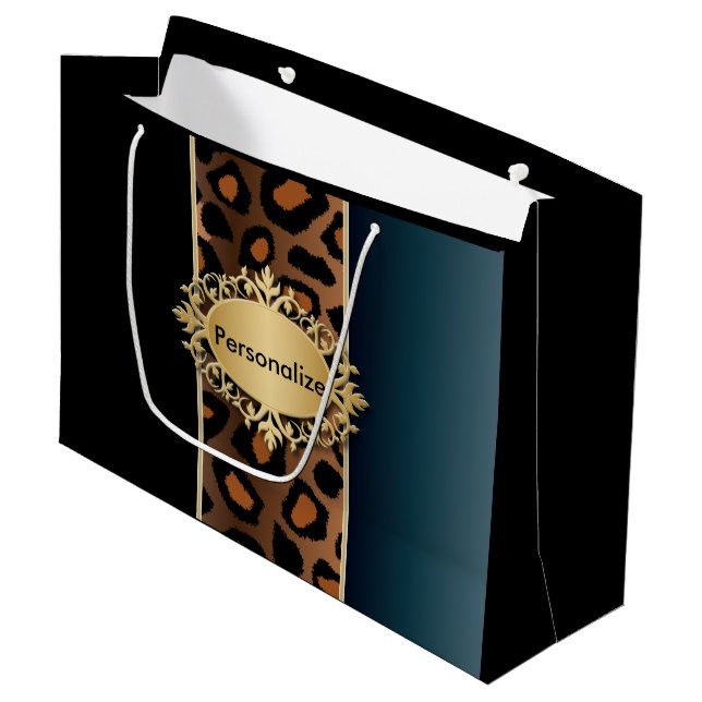 Denim Blue and Black Leopard Pattern Large Gift Bag (Front Angled)