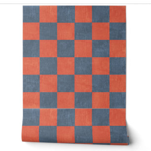 Denim Blue and Red Square Check Retro Style Wallpaper