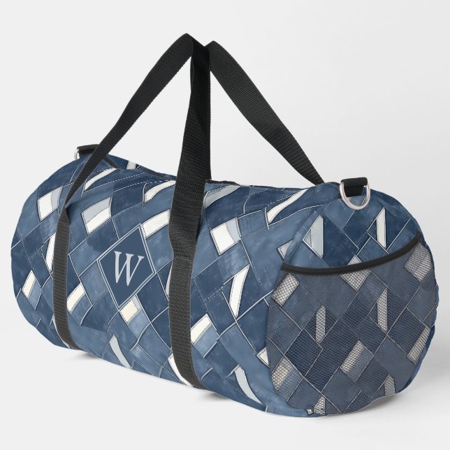Denim Blue and White Monogram Initial Duffle Bag (Right Corner)