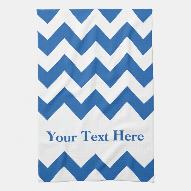Denim Blue Bold Chevron with customisable text Tea Towel (Vertical)