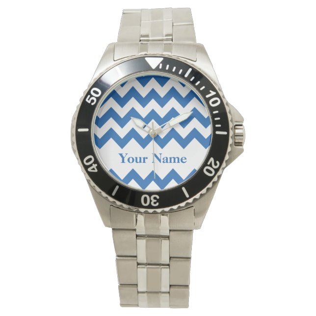 Denim Blue Bold Chevron with monogram Watch (Front)