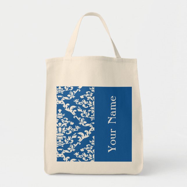 Denim Blue Bold Damask w/ name @ Emporiomoffa Tote Bag (Front)