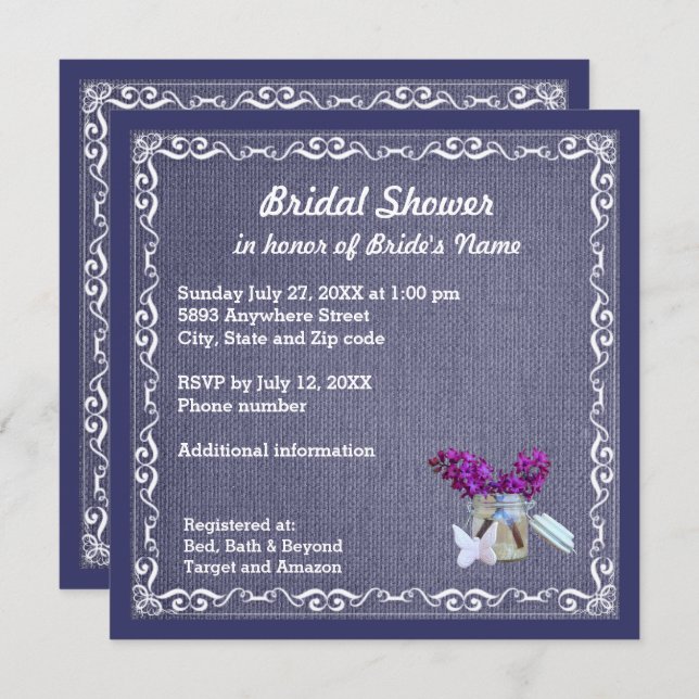  Denim Blue Burlap Purple Flower Jar Bridal Shower Invitation (Front/Back)