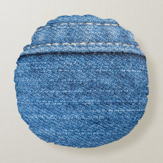 Denim Blue: Classic Jeans Texture. Round Cushion