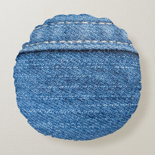 Denim Blue: Classic Jeans Texture. Round Cushion (Front)