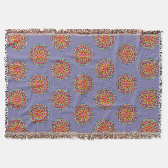 Denim Blue Colourful Mandala Pattern Boho Blanket (Front)