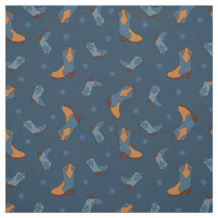 Denim Blue Cowboy Cowgirl Boots Pattern Fabric