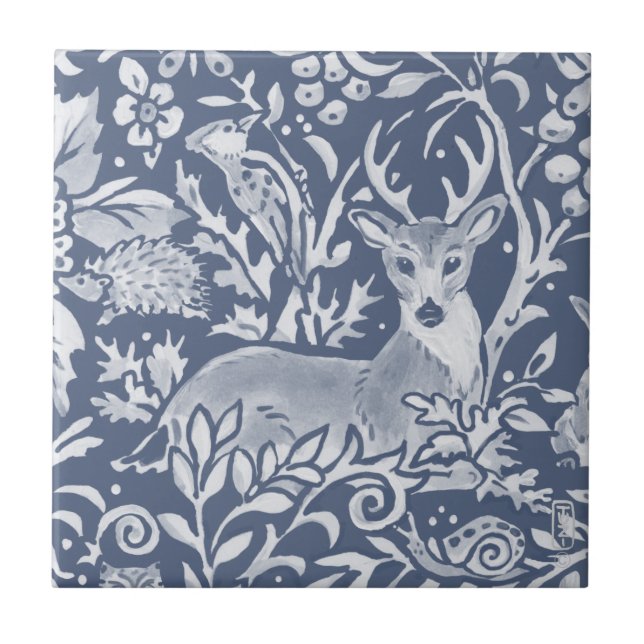 Denim Blue Deer Woodland Forest Animal Ornate  Ceramic Tile (Front)