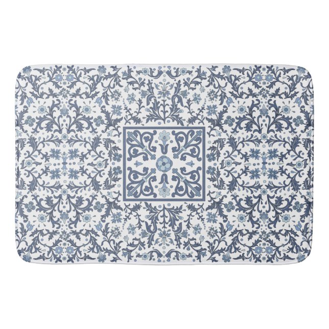 Denim Blue Floral Bath Mat (Front)