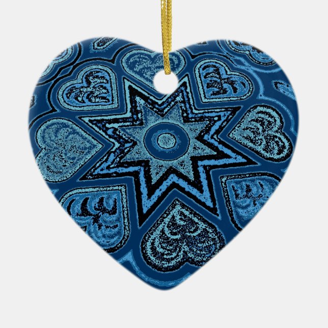 Denim Blue Folk Art Hearts Ornament (Front)