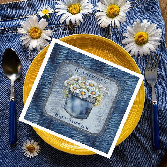 Denim Blue Jean | Daisies Floral Baby Shower Napkin (Blue Jean Pocket Denim and Daisies Baby Shower Paper Napkins)