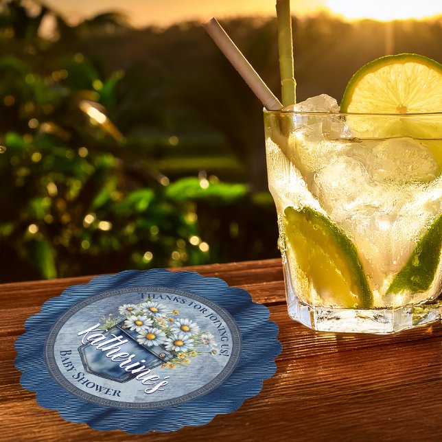 Denim Blue Jean | Daisies Floral Baby Shower Paper Coaster (Blue Jean Pocket Denim and Daisies Baby Shower Paper Coaster)