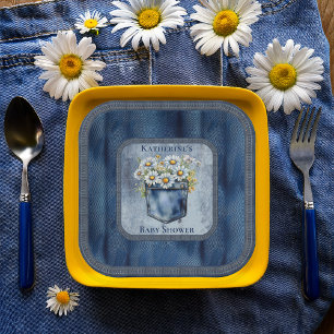 Denim Blue Jean Daisies Floral Baby Shower Paper Plate