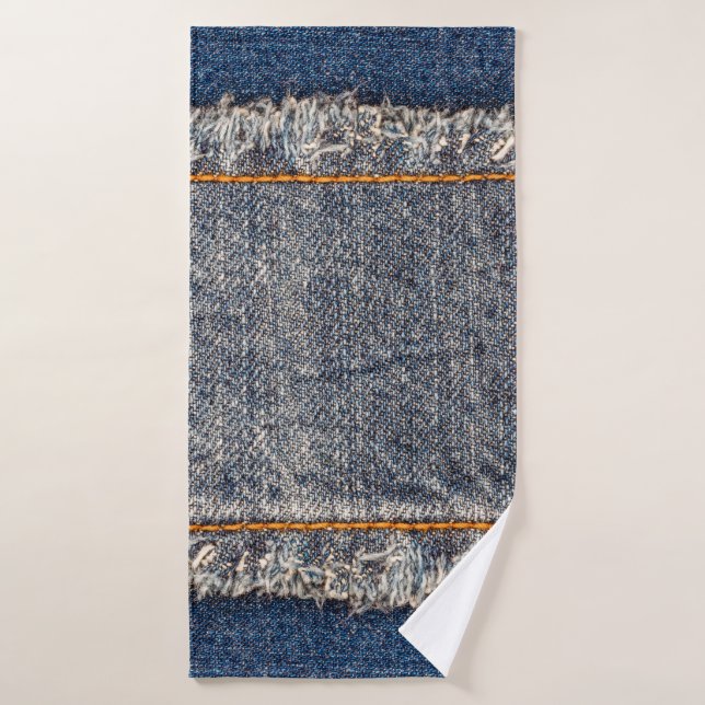 Denim blue jeans fabric frame. Bleached denim fabr Bath Towel (Bath Towel)