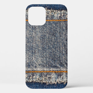 Denim blue jeans fabric frame. Bleached denim fabr iPhone 12 Case