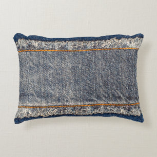 Denim blue jeans fabric frame. Bleached denim fabr Decorative Cushion