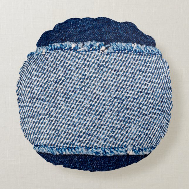 Denim blue jeans fabric frame. Bleached denim fabr Round Cushion (Front)