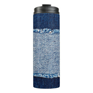 Denim blue jeans fabric frame. Bleached denim fabr Thermal Tumbler