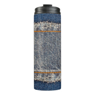Denim blue jeans fabric frame. Bleached denim fabr Thermal Tumbler