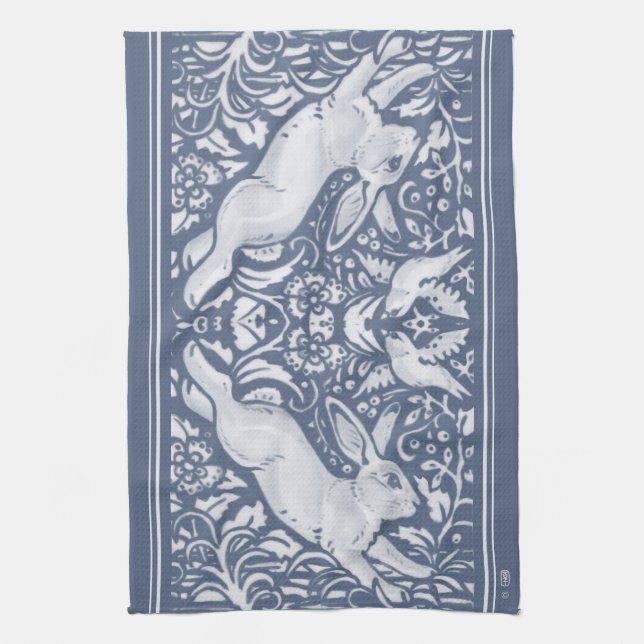 Denim Blue Leaping Rabbit Bird Floral Woodland Kit Tea Towel (Vertical)