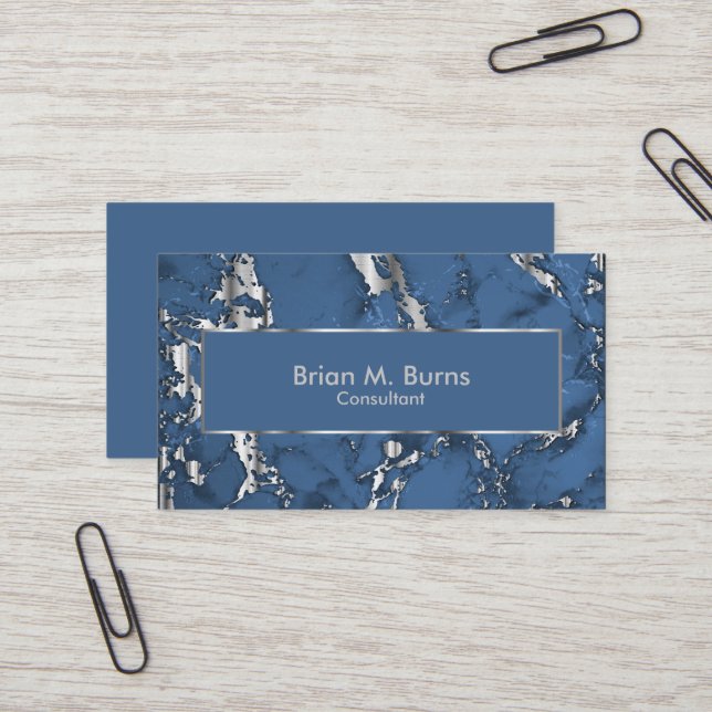 Denim Blue Marble and Metallic Silver Design Business Card (Front/Back In Situ)