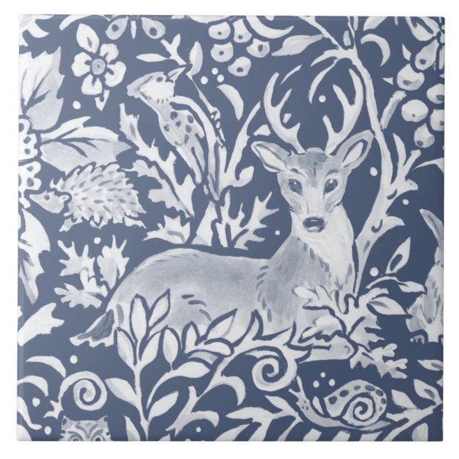 Denim Blue MURAL Woodland Animal Deer Top Left Ceramic Tile (Front)