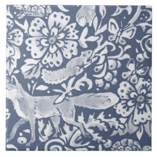 Denim Blue MURAL Woodland Animal Fox Bottom Right Ceramic Tile