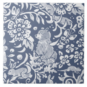 Denim Blue MURAL Woodland Bear Top Right  Ceramic  Tile